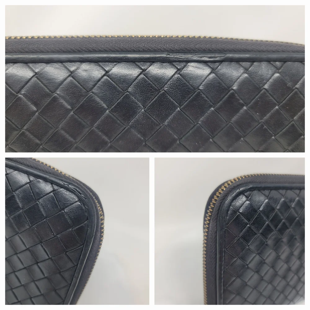 Bottega Veneta Black Woven Leather Zip Around Long Wallet Italy Authentic